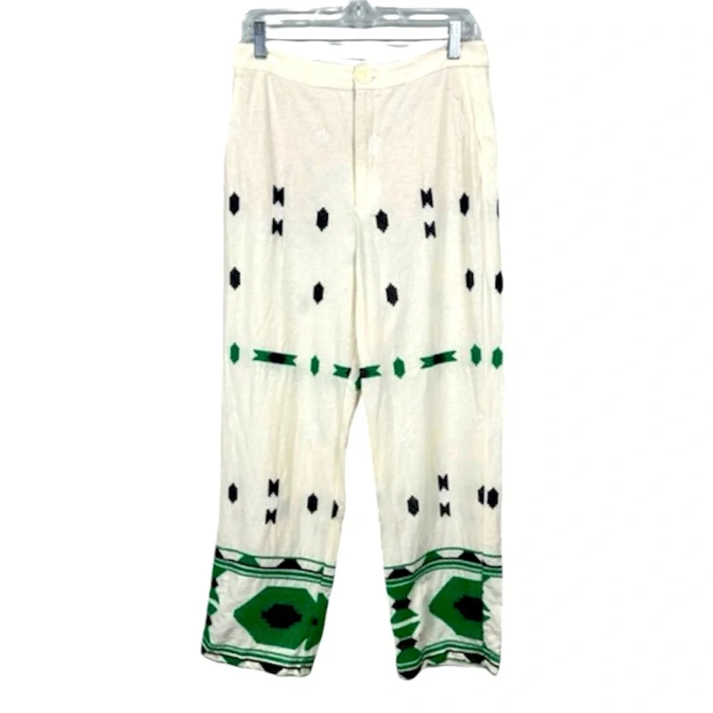 Zara White Embroidered Linen Blend Pants Trousers Size Large
